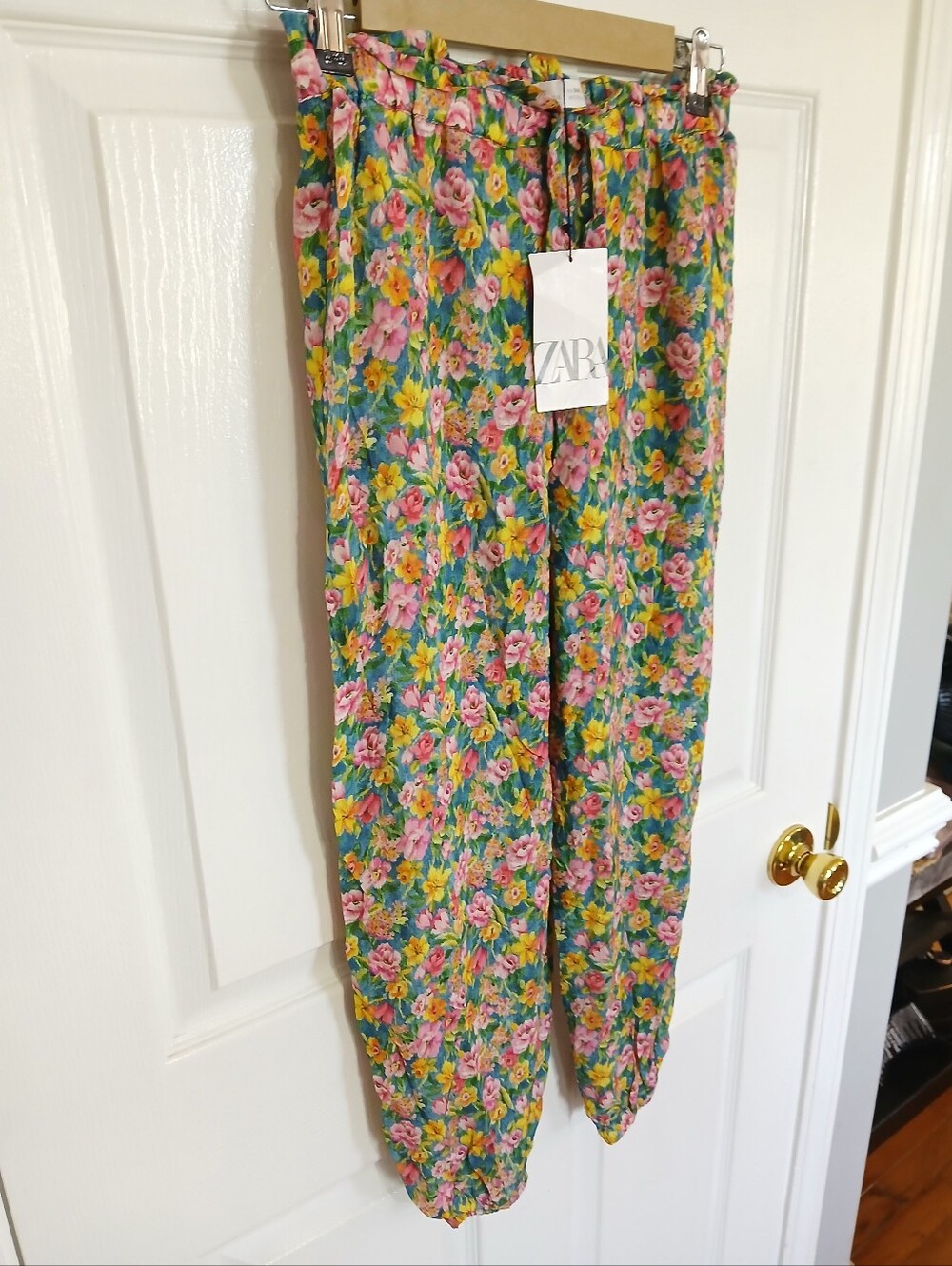 Zara Pink, Yellow & Green Floral Drawstring Pants Boho Resortwear Vacation Kids